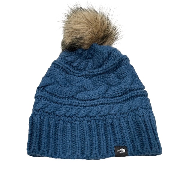 The North Face Blue Triple Cable Faux Fur Knit Pom Pom Beanie Hat One Size NWT - Picture 1 of 6